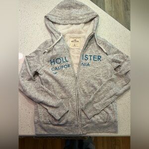 Hollister Light Gray Sherpa-Lined Zip Hoodie with Blue Logo